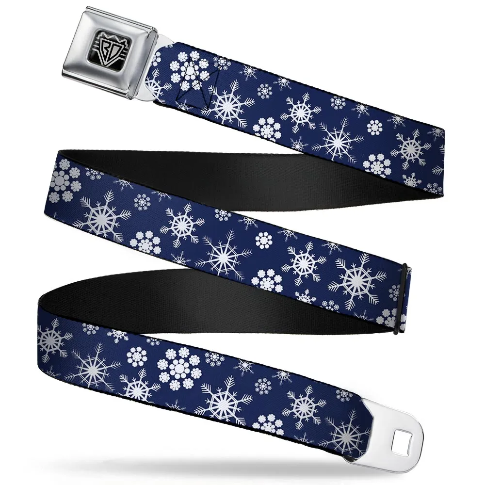 BD Wings Logo CLOSE-UP Full Color Black Silver Seatbelt Belt - Snowflakes Blue/White Webbing