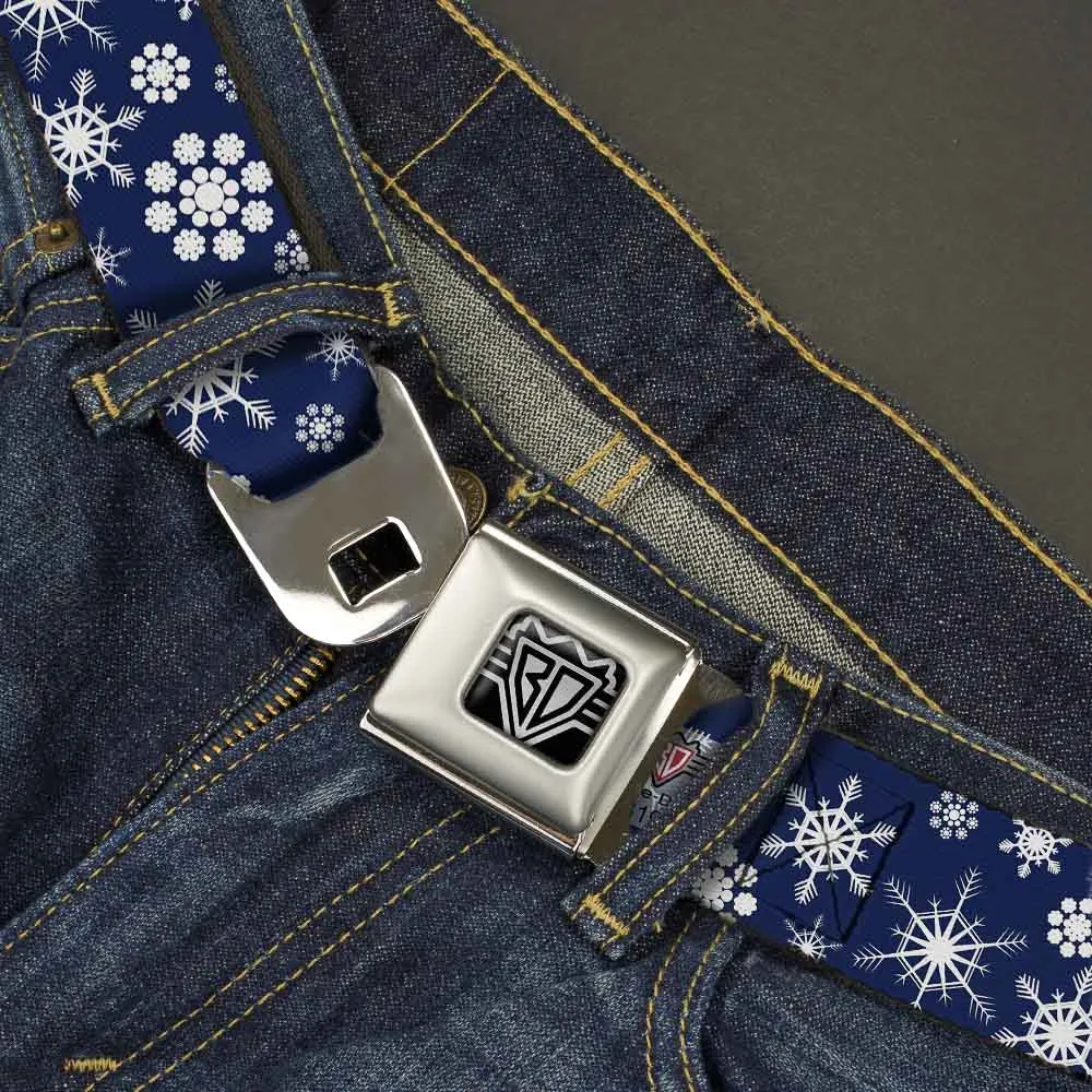 BD Wings Logo CLOSE-UP Full Color Black Silver Seatbelt Belt - Snowflakes Blue/White Webbing