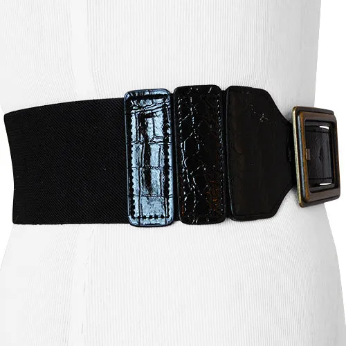 Black Faux Croc Wide Stretch Belt with Horizontal Frame Antique Gold Buckle