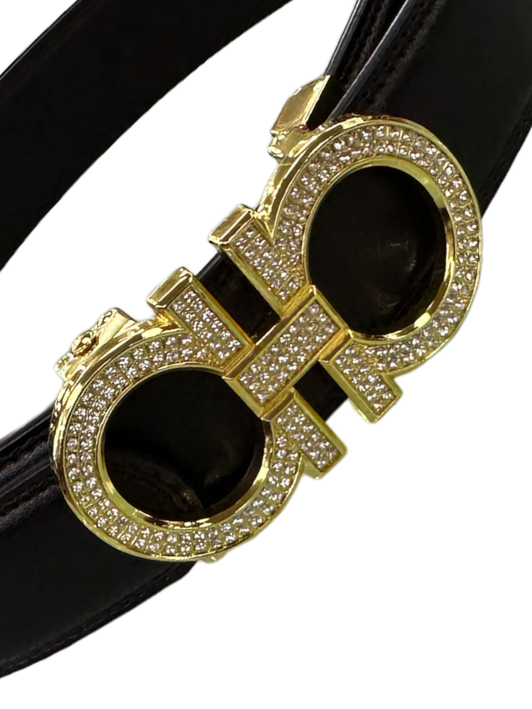 Black Men's Belt Gold Buckle with Glitter Stones Luxury Design