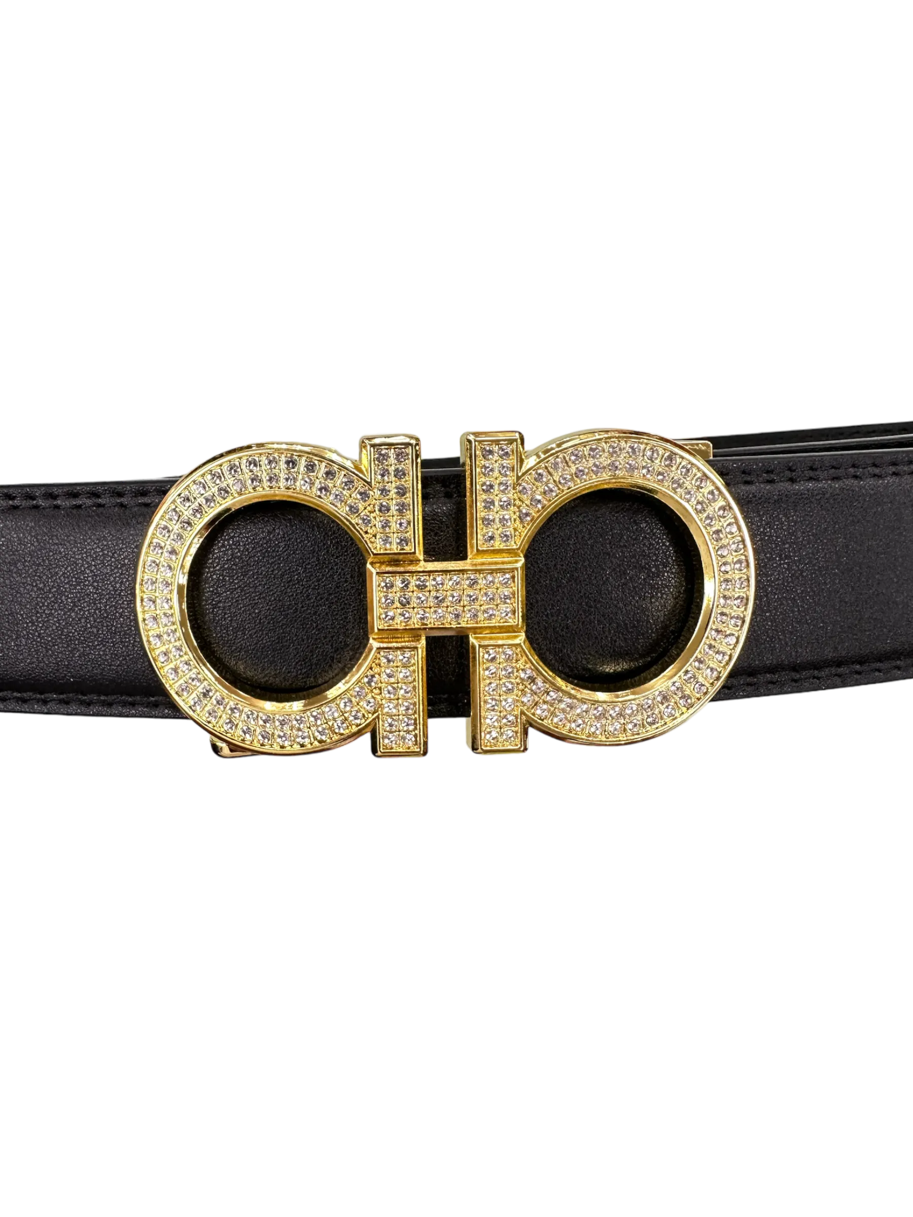 Black Men's Belt Gold Buckle with Glitter Stones Luxury Design