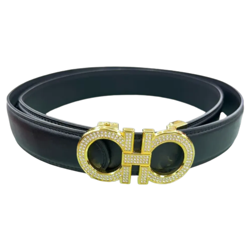 Black Men's Belt Gold Buckle with Glitter Stones Luxury Design