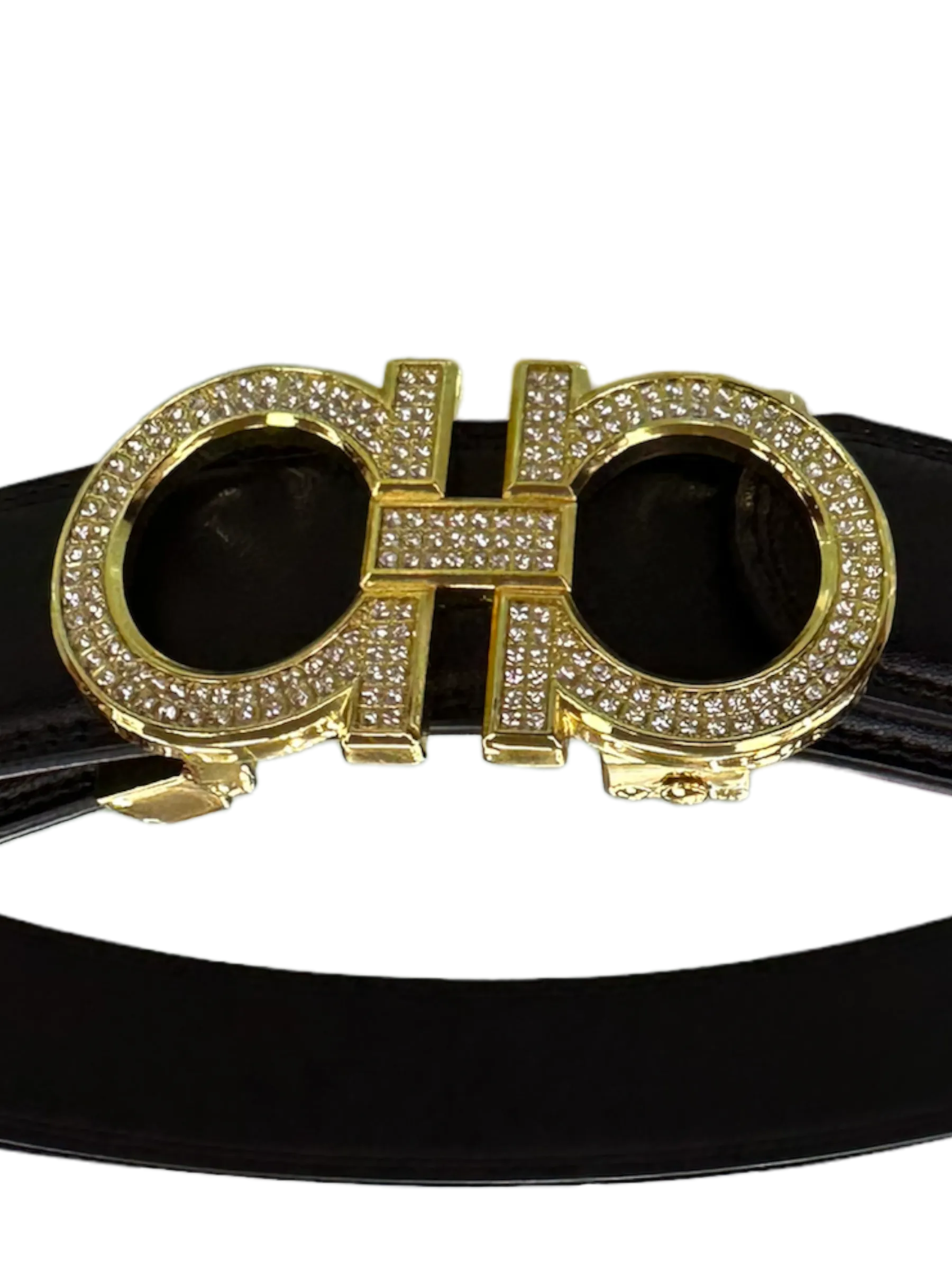 Black Men's Belt Gold Buckle with Glitter Stones Luxury Design