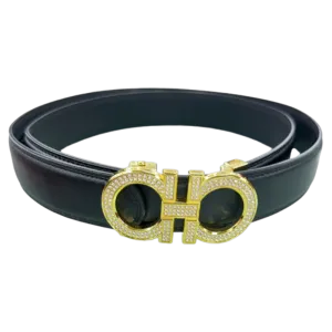 Black Men's Belt Gold Buckle with Glitter Stones Luxury Design