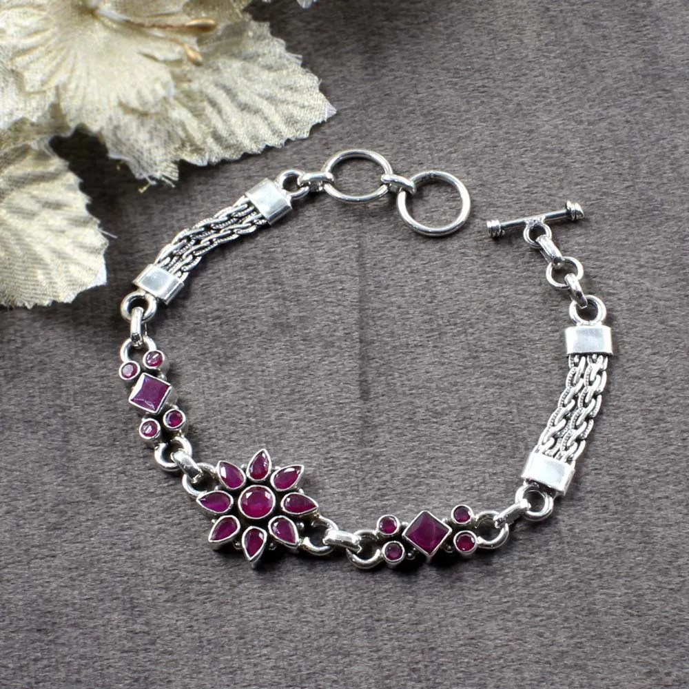 Boho Style Real Silver Cut Stone Oxidized Bracelet