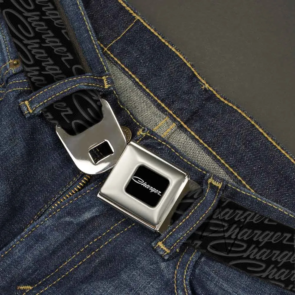 CHARGER Script Emblem Corner Full Color Black Silver Fade White Seatbelt Belt - CHARGER Script Emblem Repeat Black/Grays Webbing