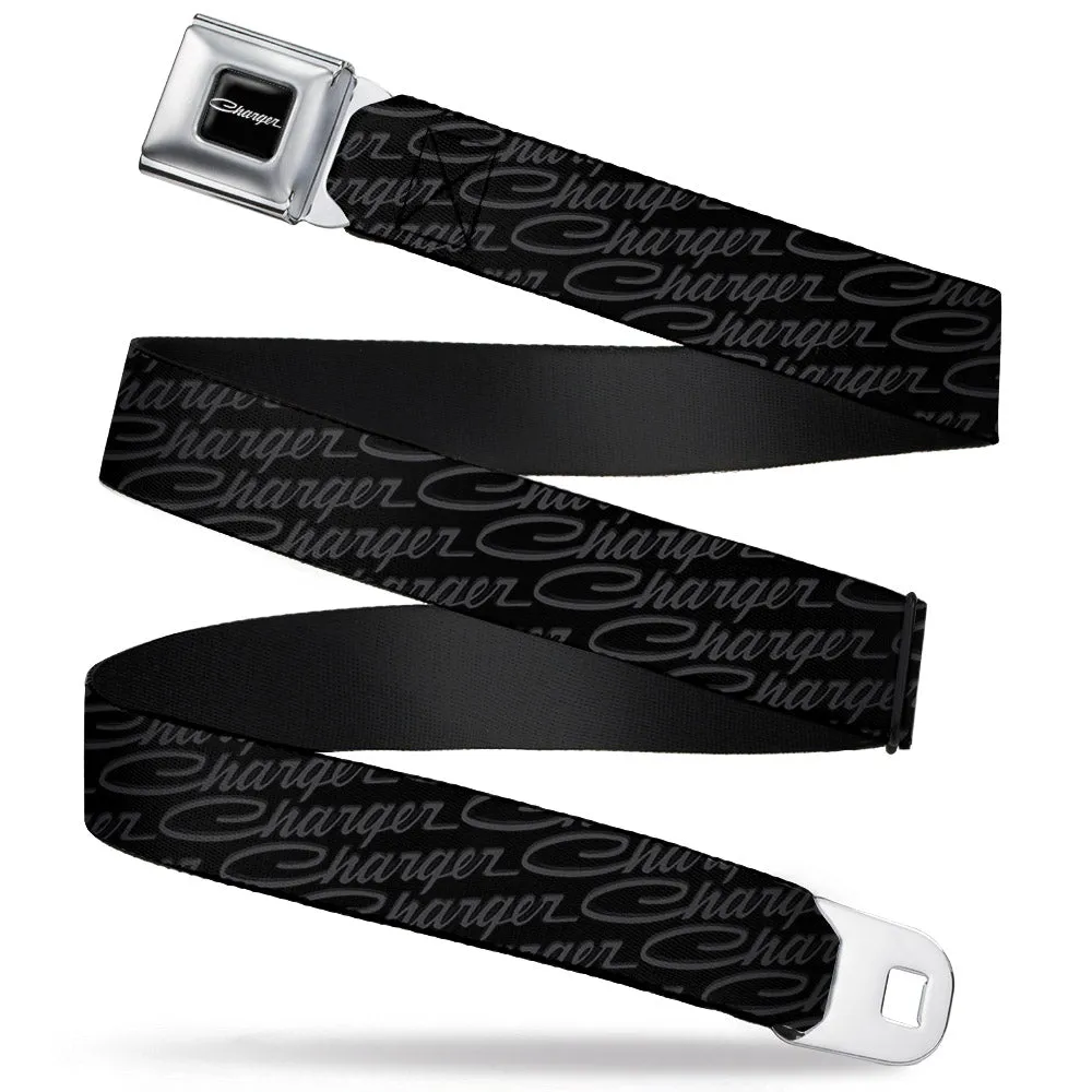 CHARGER Script Emblem Corner Full Color Black Silver Fade White Seatbelt Belt - CHARGER Script Emblem Repeat Black/Grays Webbing