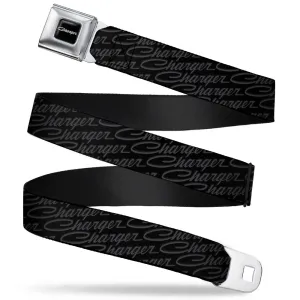 CHARGER Script Emblem Corner Full Color Black Silver Fade White Seatbelt Belt - CHARGER Script Emblem Repeat Black/Grays Webbing