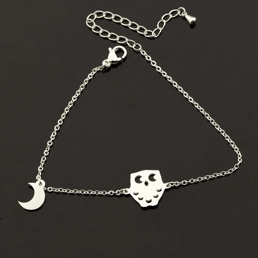Cute Animal Owl Pendant With Crescent Moon Charms