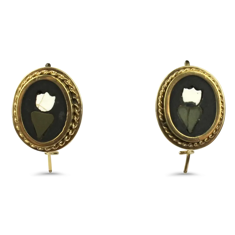 Estate Yellow Gold Floral Pietra Dura Inlay Earrings