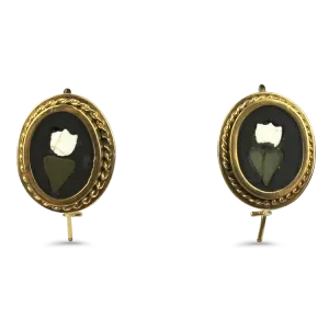Estate Yellow Gold Floral Pietra Dura Inlay Earrings