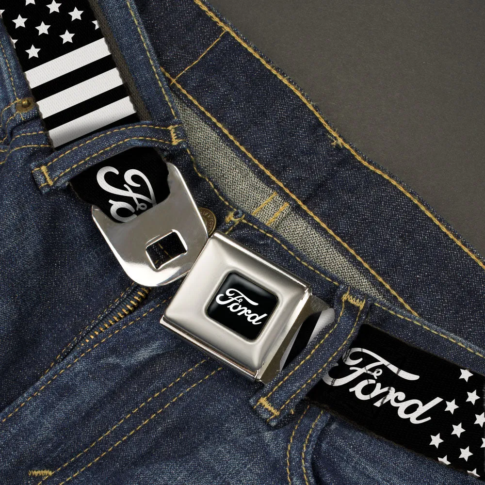 FORD Script Full Color Black/White Seatbelt Belt - FORD Script Americana Stars and Stripes Black/White Webbing
