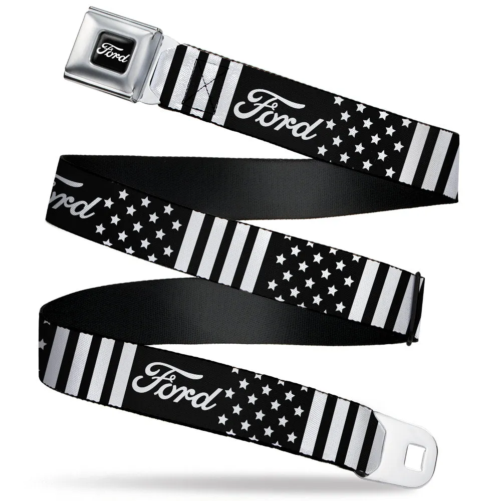FORD Script Full Color Black/White Seatbelt Belt - FORD Script Americana Stars and Stripes Black/White Webbing