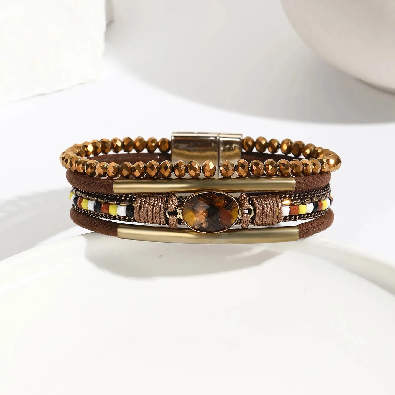 FZ Bohemian Leather Wrap Boho Crystal Beads Cuff Stone Bracelets
