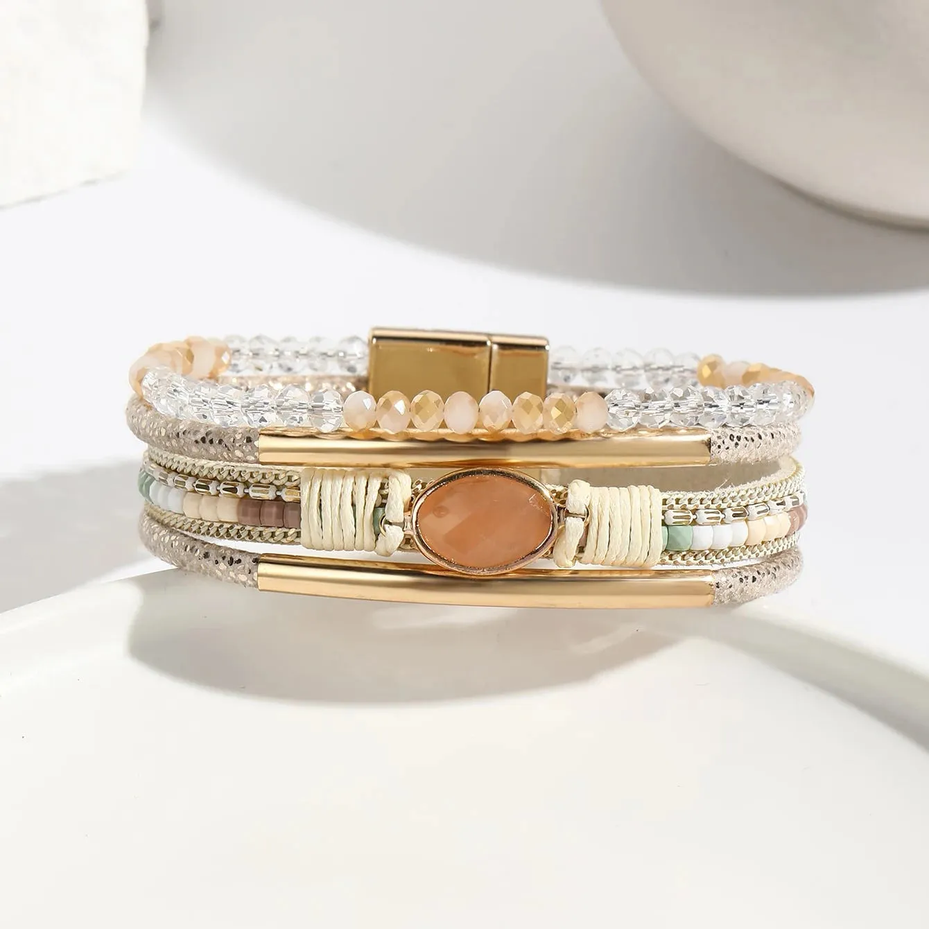 FZ Bohemian Leather Wrap Boho Crystal Beads Cuff Stone Bracelets