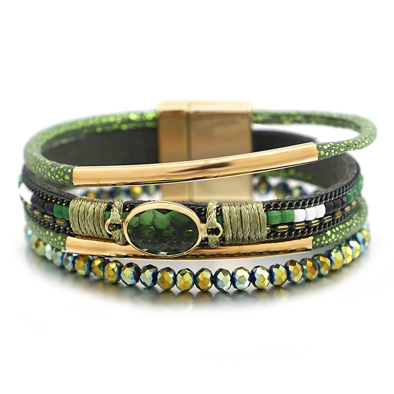 FZ Bohemian Leather Wrap Boho Crystal Beads Cuff Stone Bracelets