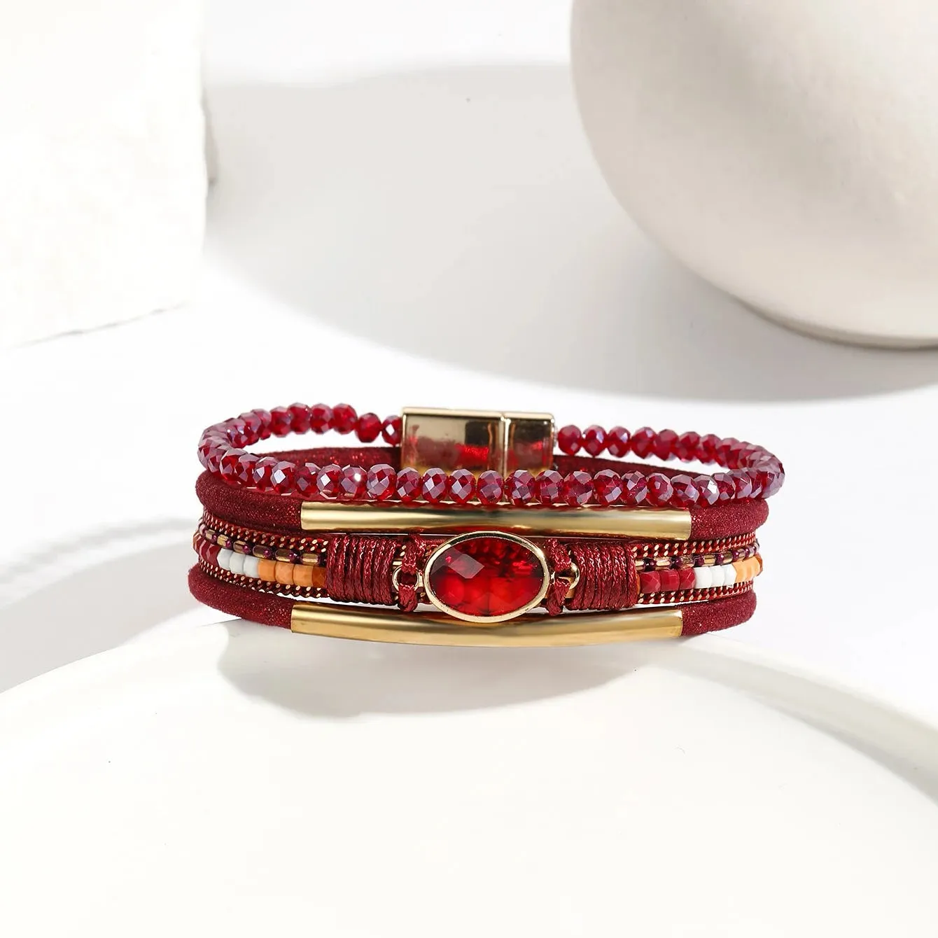 FZ Bohemian Leather Wrap Boho Crystal Beads Cuff Stone Bracelets