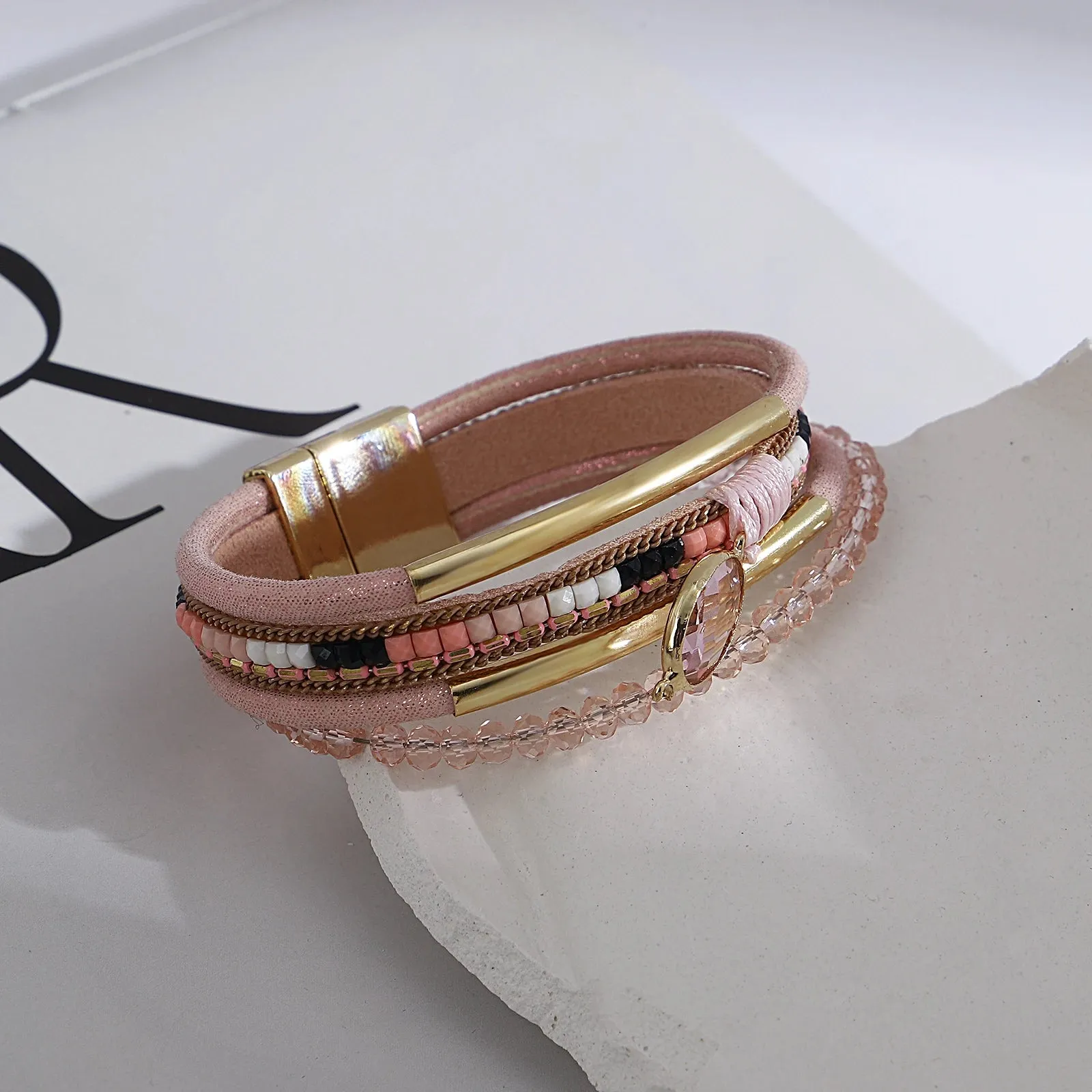 FZ Bohemian Leather Wrap Boho Crystal Beads Cuff Stone Bracelets