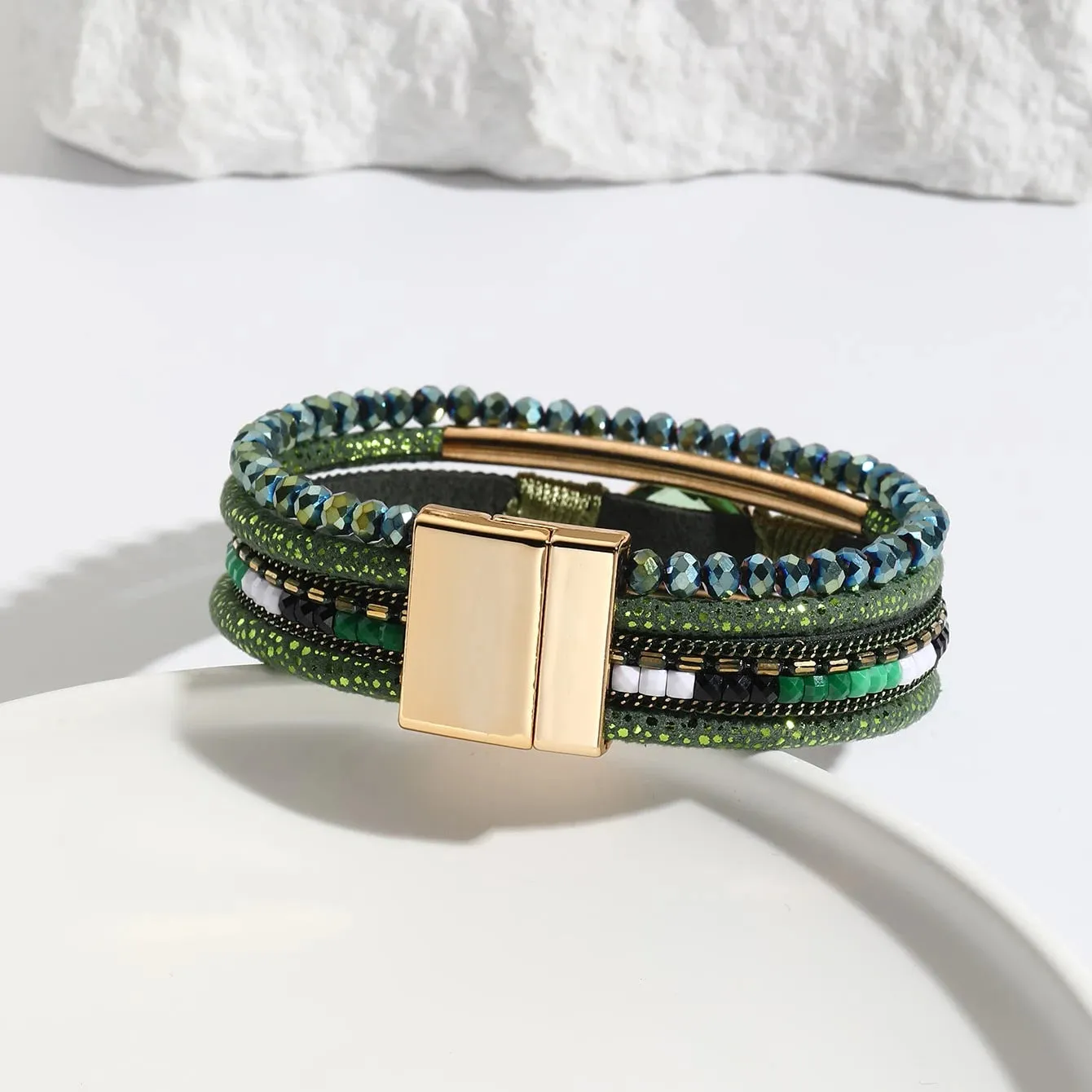 FZ Bohemian Leather Wrap Boho Crystal Beads Cuff Stone Bracelets