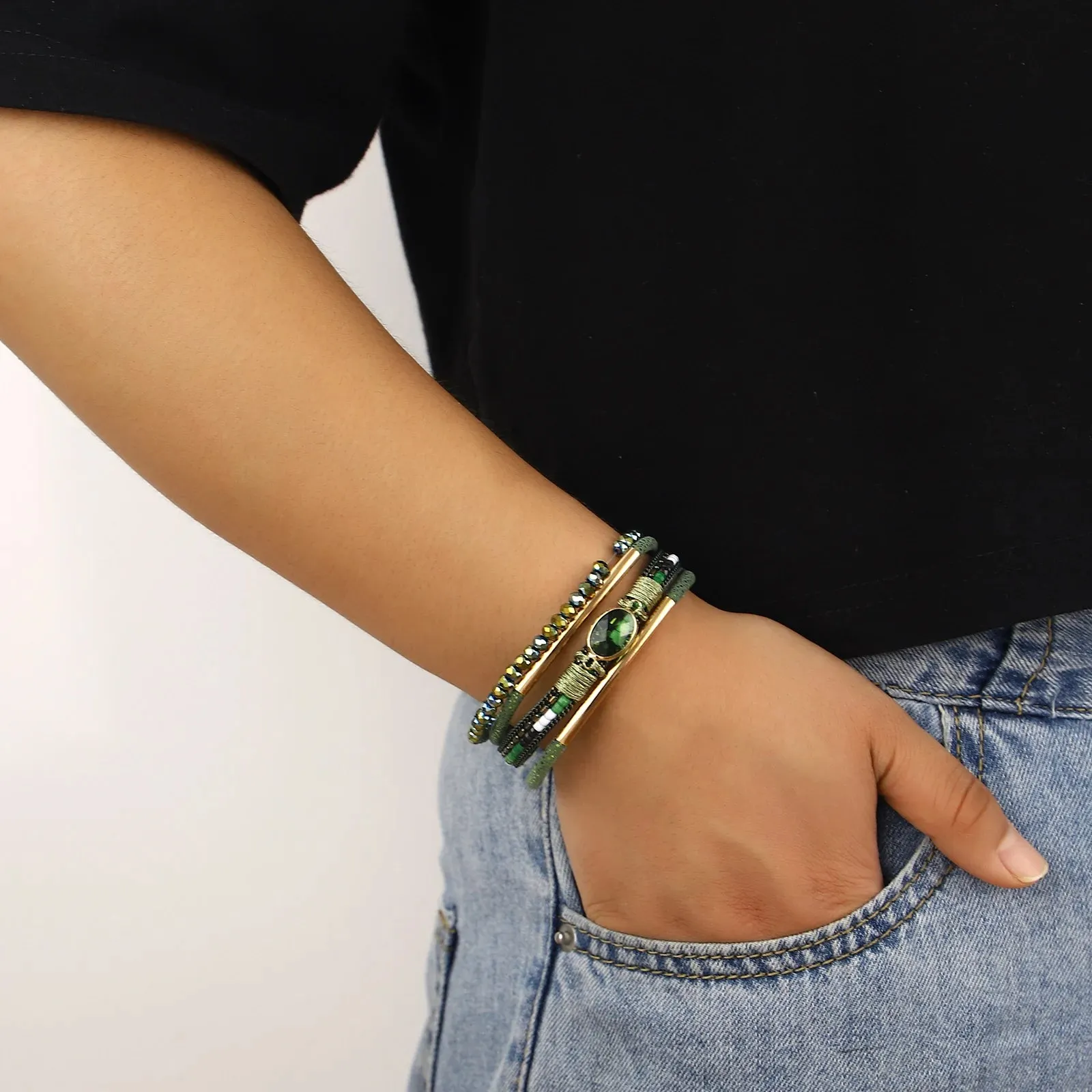 FZ Bohemian Leather Wrap Boho Crystal Beads Cuff Stone Bracelets