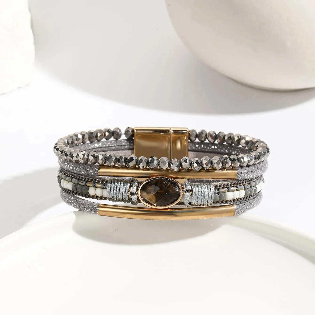 FZ Bohemian Leather Wrap Boho Crystal Beads Cuff Stone Bracelets