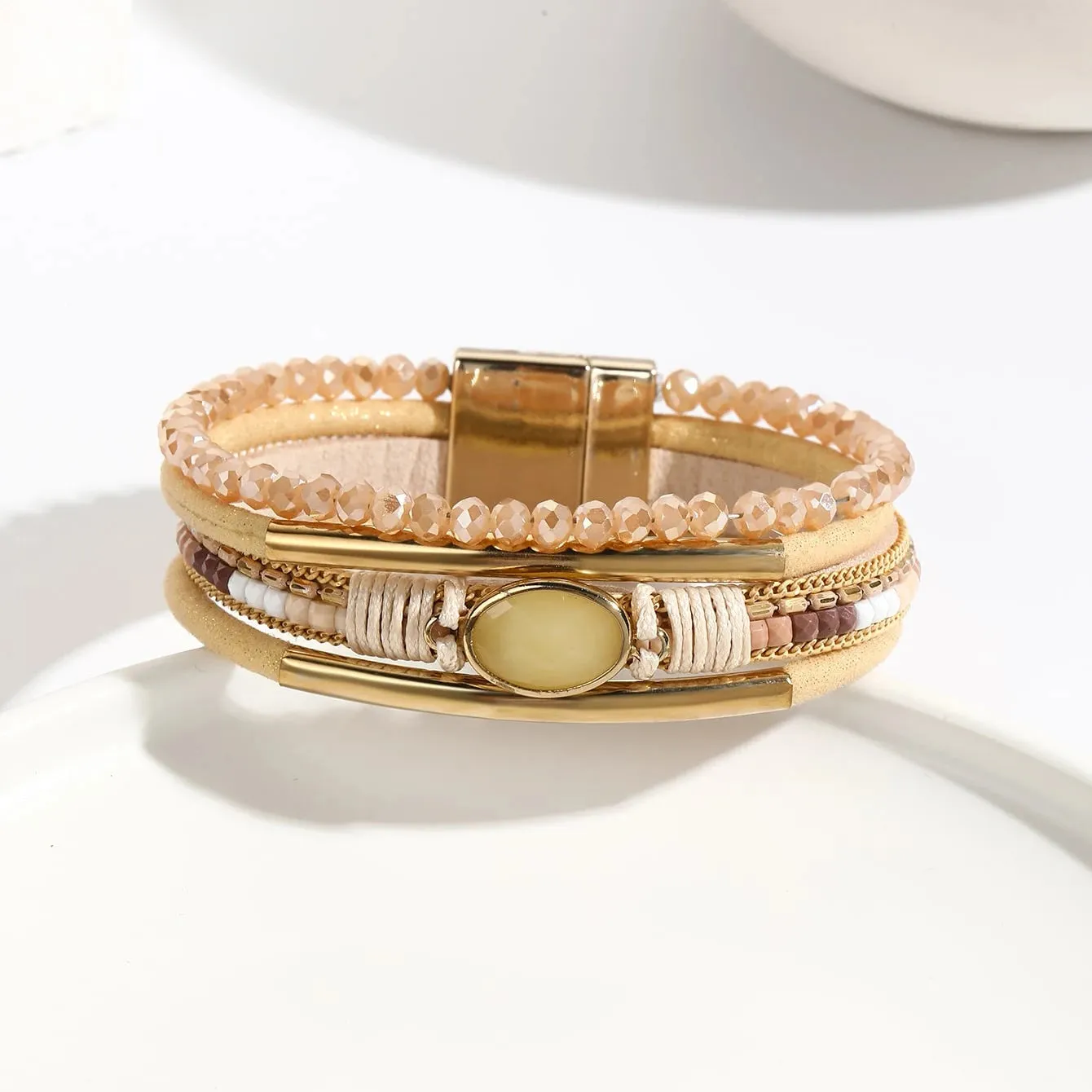 FZ Bohemian Leather Wrap Boho Crystal Beads Cuff Stone Bracelets