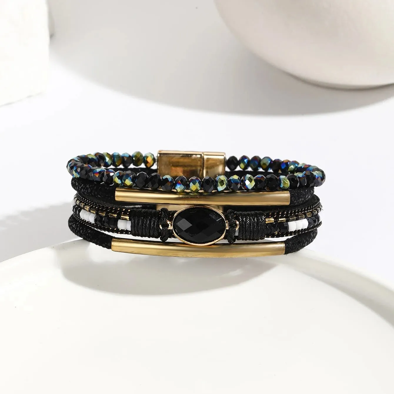 FZ Bohemian Leather Wrap Boho Crystal Beads Cuff Stone Bracelets