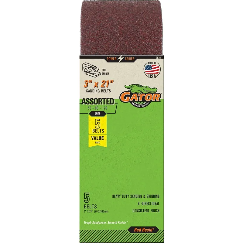 Gator 7020 Sanding Belt, 3 in W, 21 in L, Aluminum Oxide Abrasive :PK  5: QUANTITY: 1
