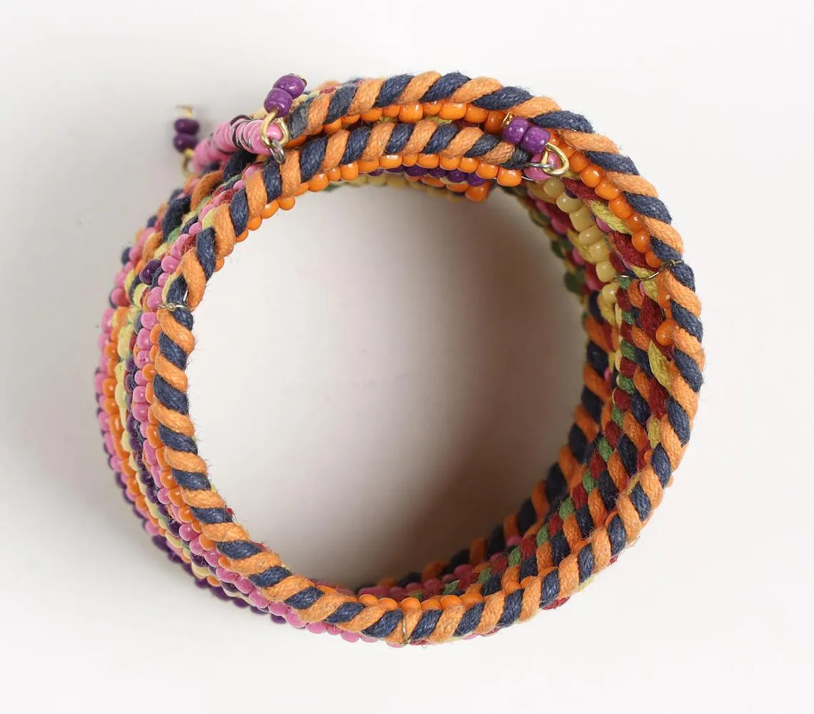 Glass Beaded & Woven Thread Boho Cuff Bracelet