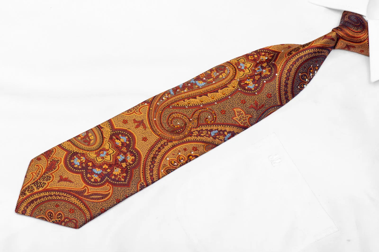 Gold Burgundy Paisley On Navy Rhinestone Silk Necktie With Sparkles