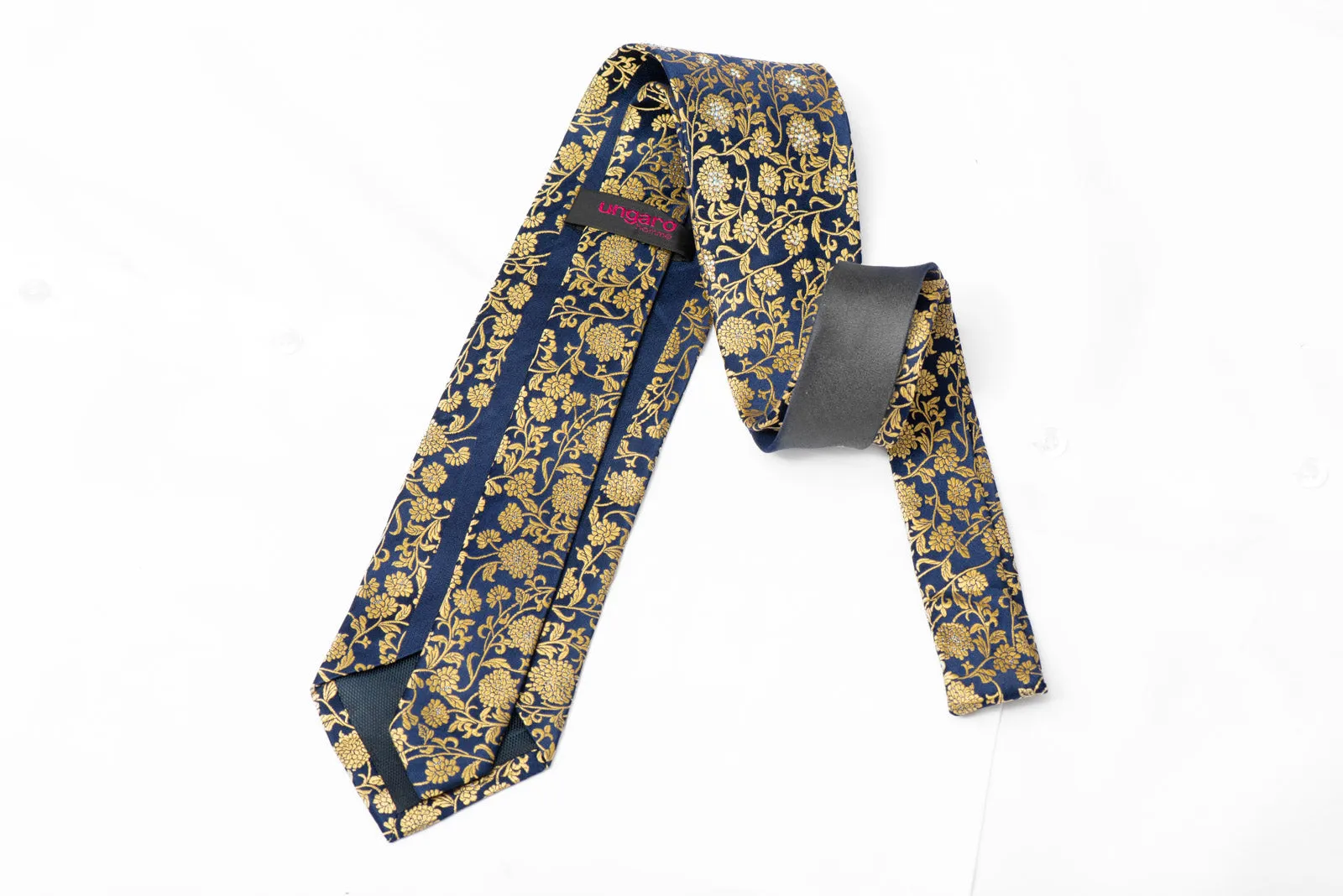 Gold Floral On Navy Rhinestone Silk Necktie With Sparkles