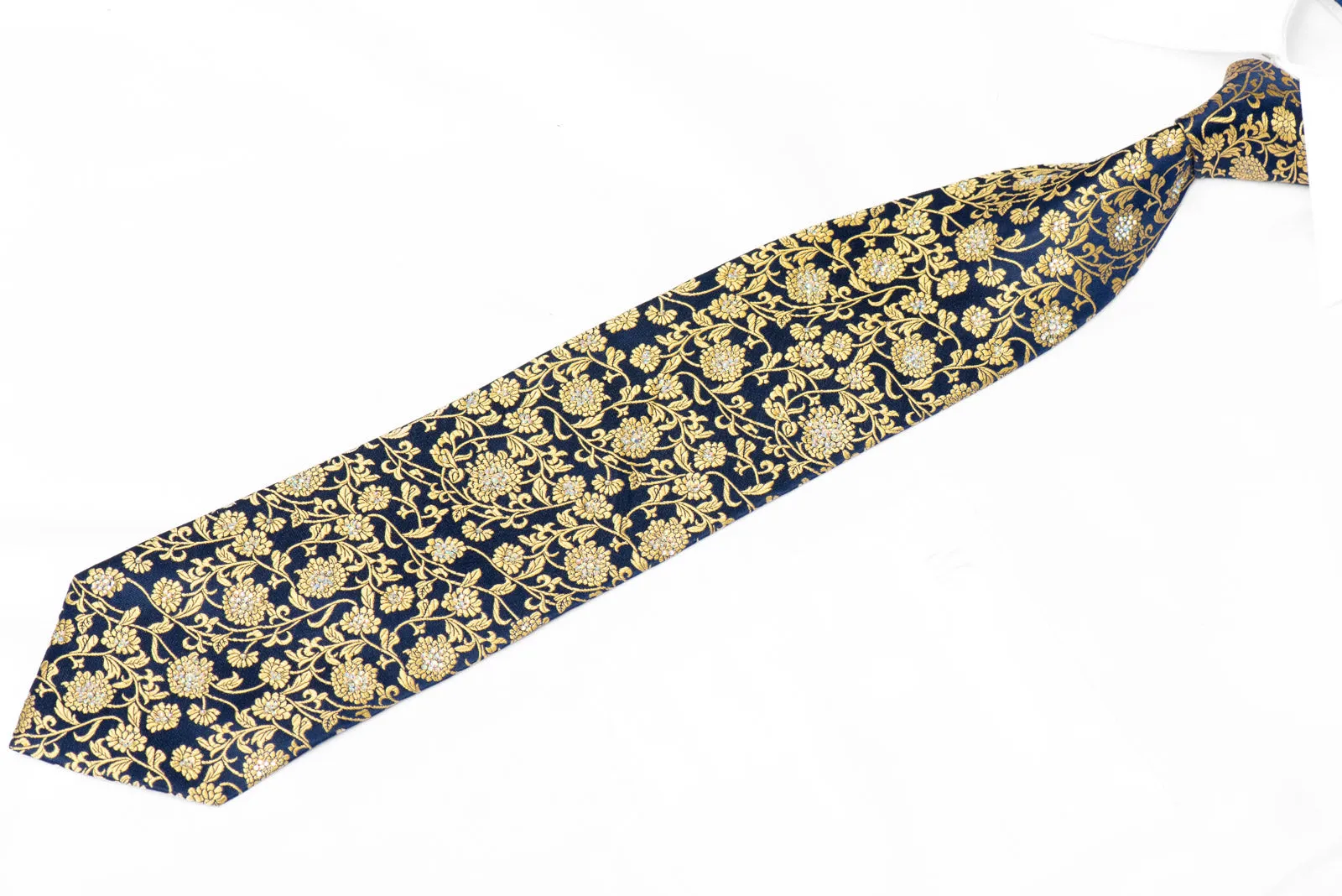 Gold Floral On Navy Rhinestone Silk Necktie With Sparkles