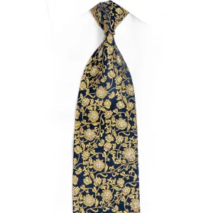Gold Floral On Navy Rhinestone Silk Necktie With Sparkles