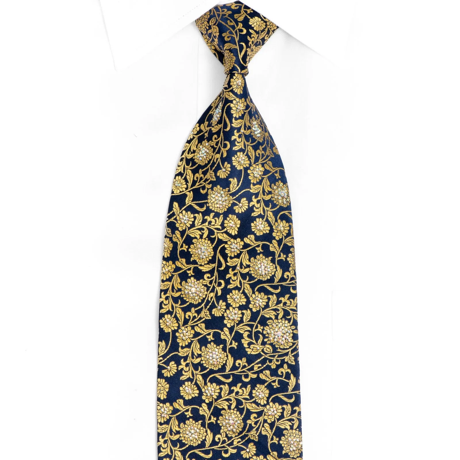 Gold Floral On Navy Rhinestone Silk Necktie With Sparkles