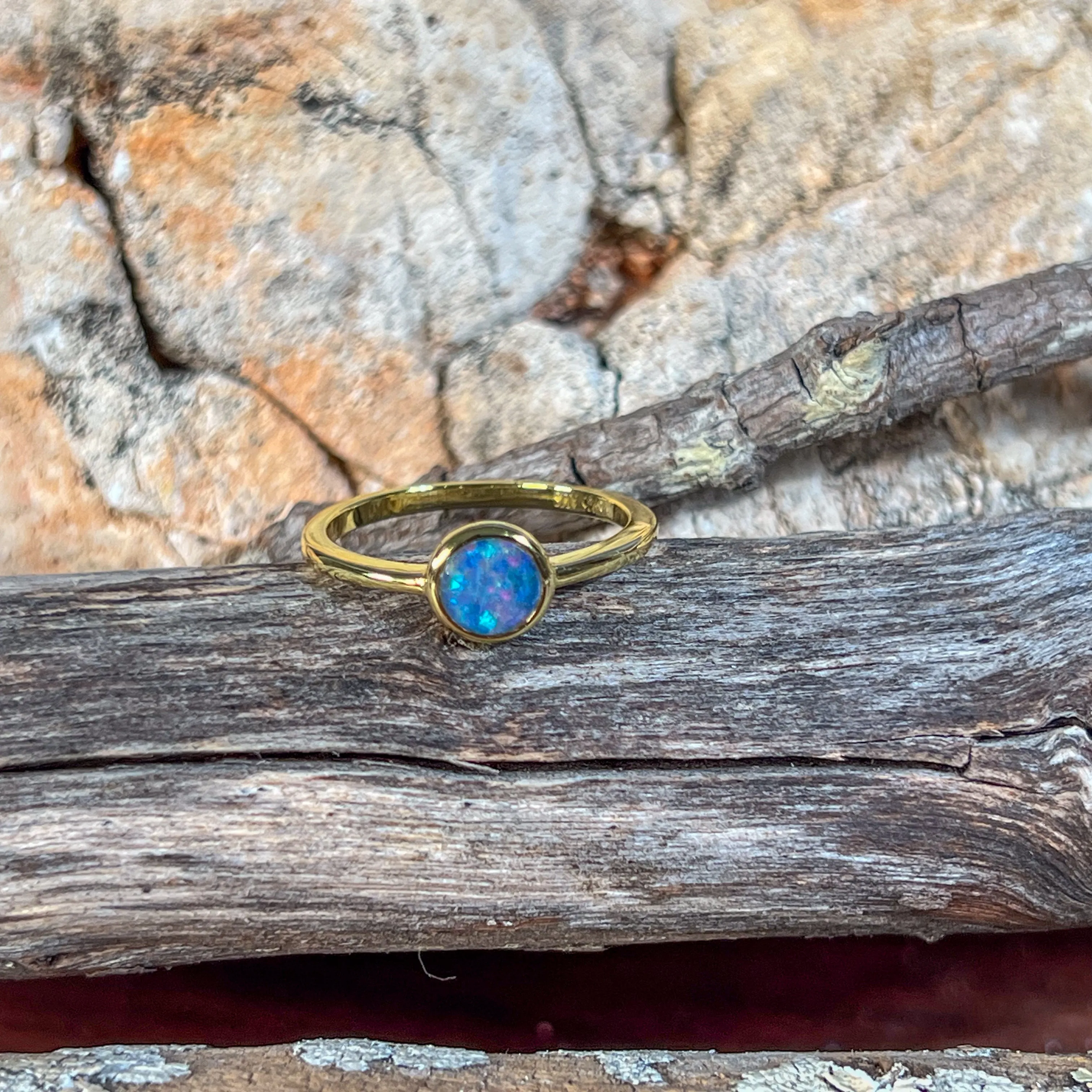 Gold Plated Silver 6mm Round Opal triplet ring bezel set