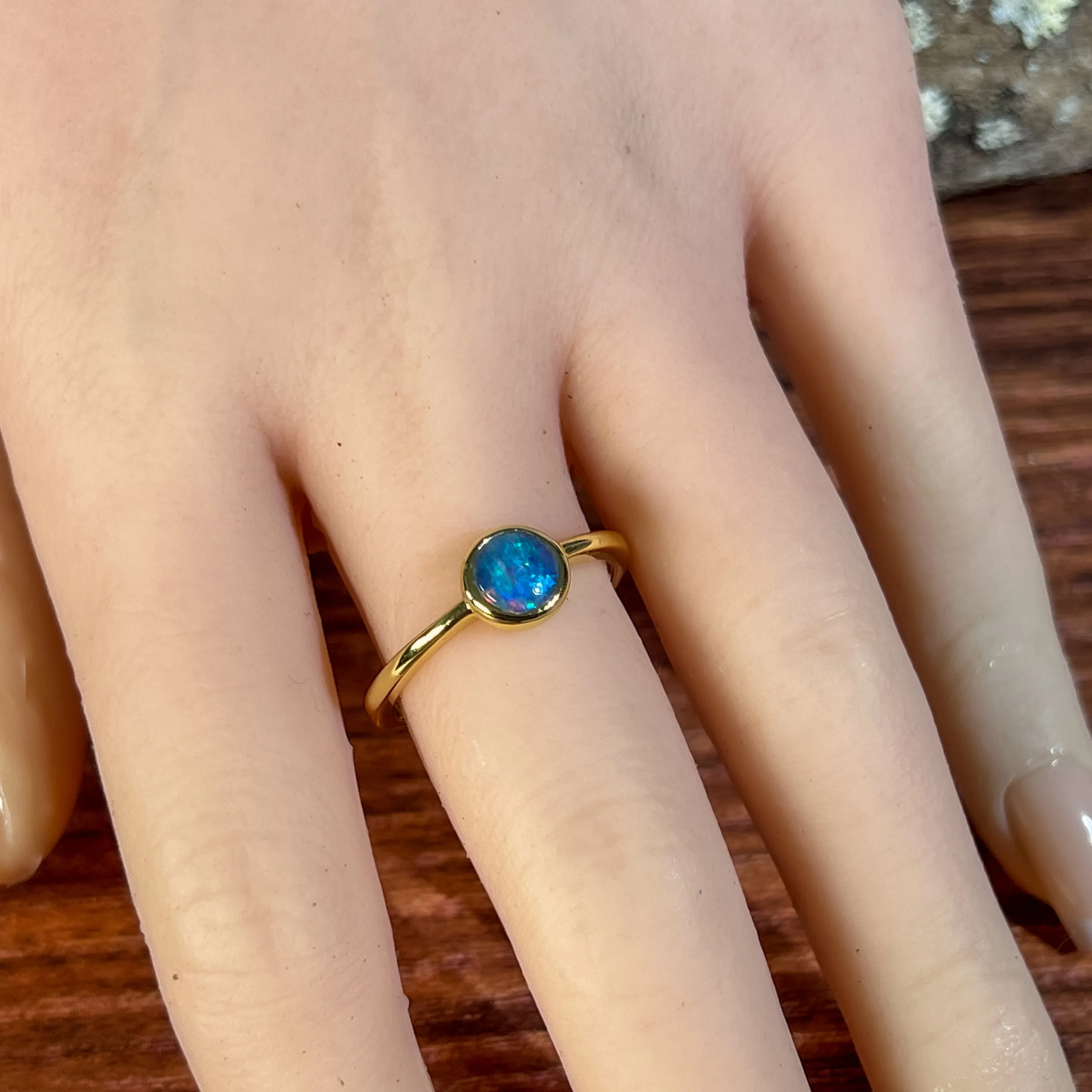 Gold Plated Silver 6mm Round Opal triplet ring bezel set