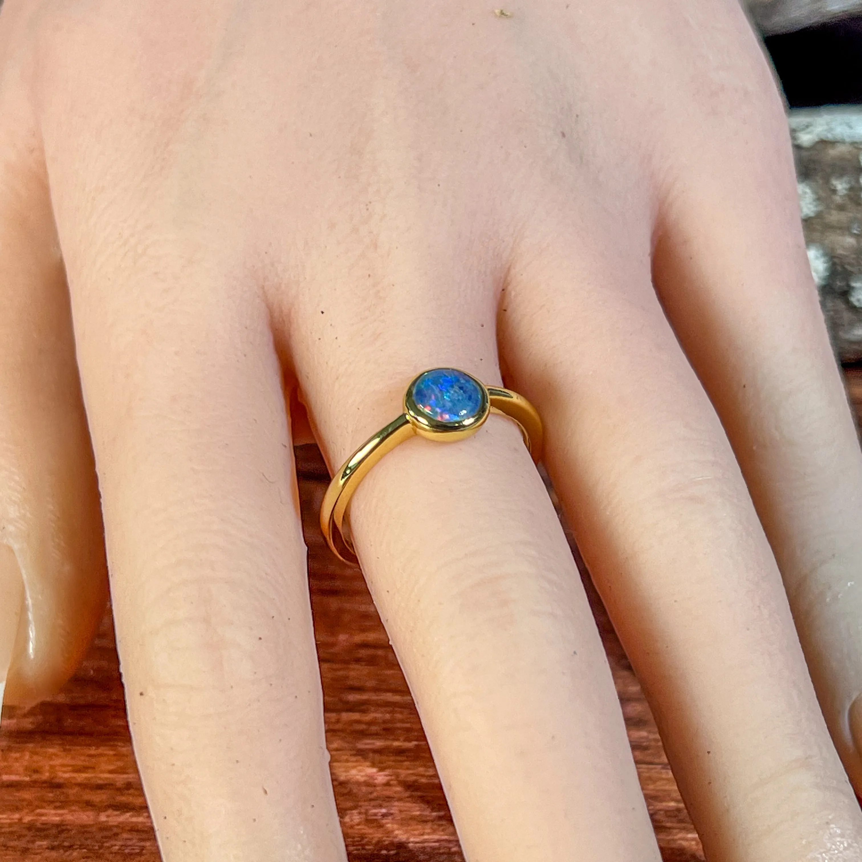 Gold Plated Silver 6mm Round Opal triplet ring bezel set