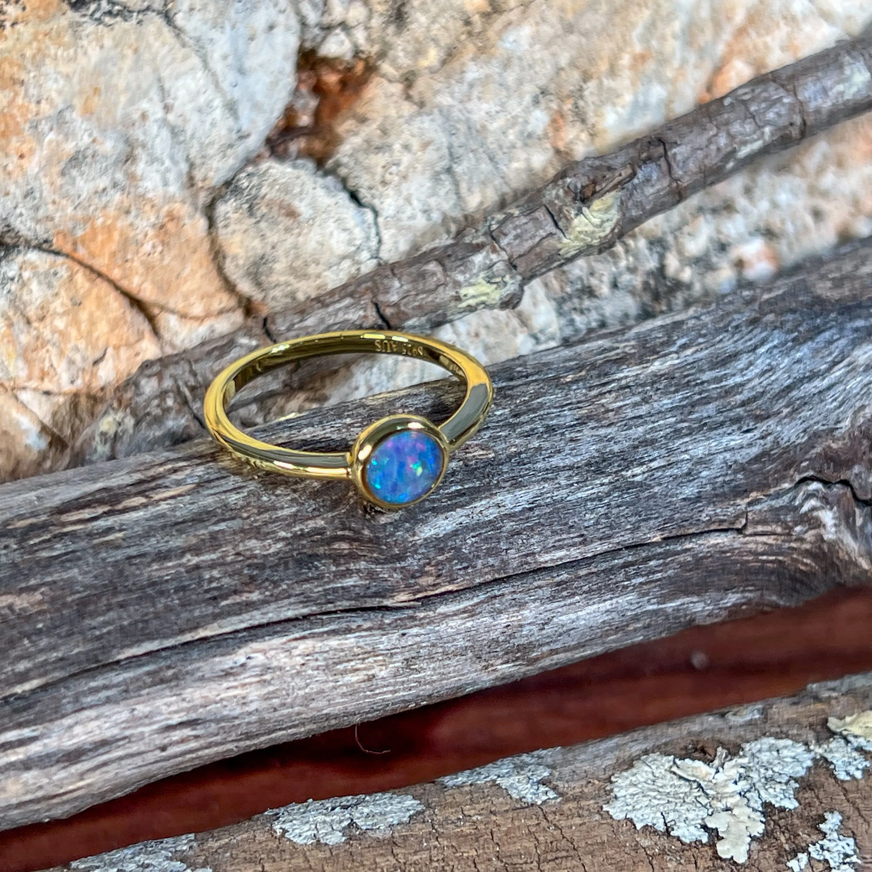 Gold Plated Silver 6mm Round Opal triplet ring bezel set