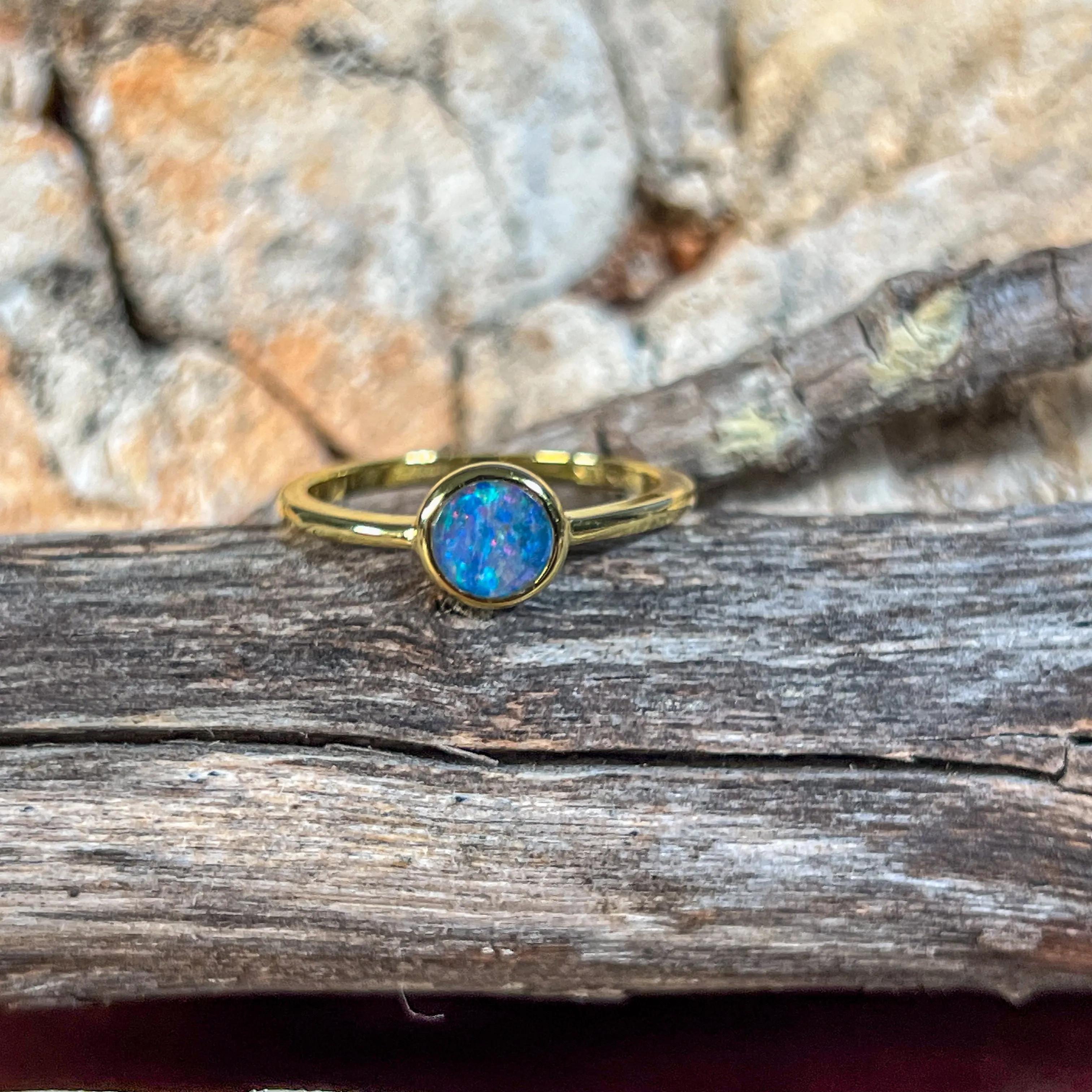 Gold Plated Silver 6mm Round Opal triplet ring bezel set