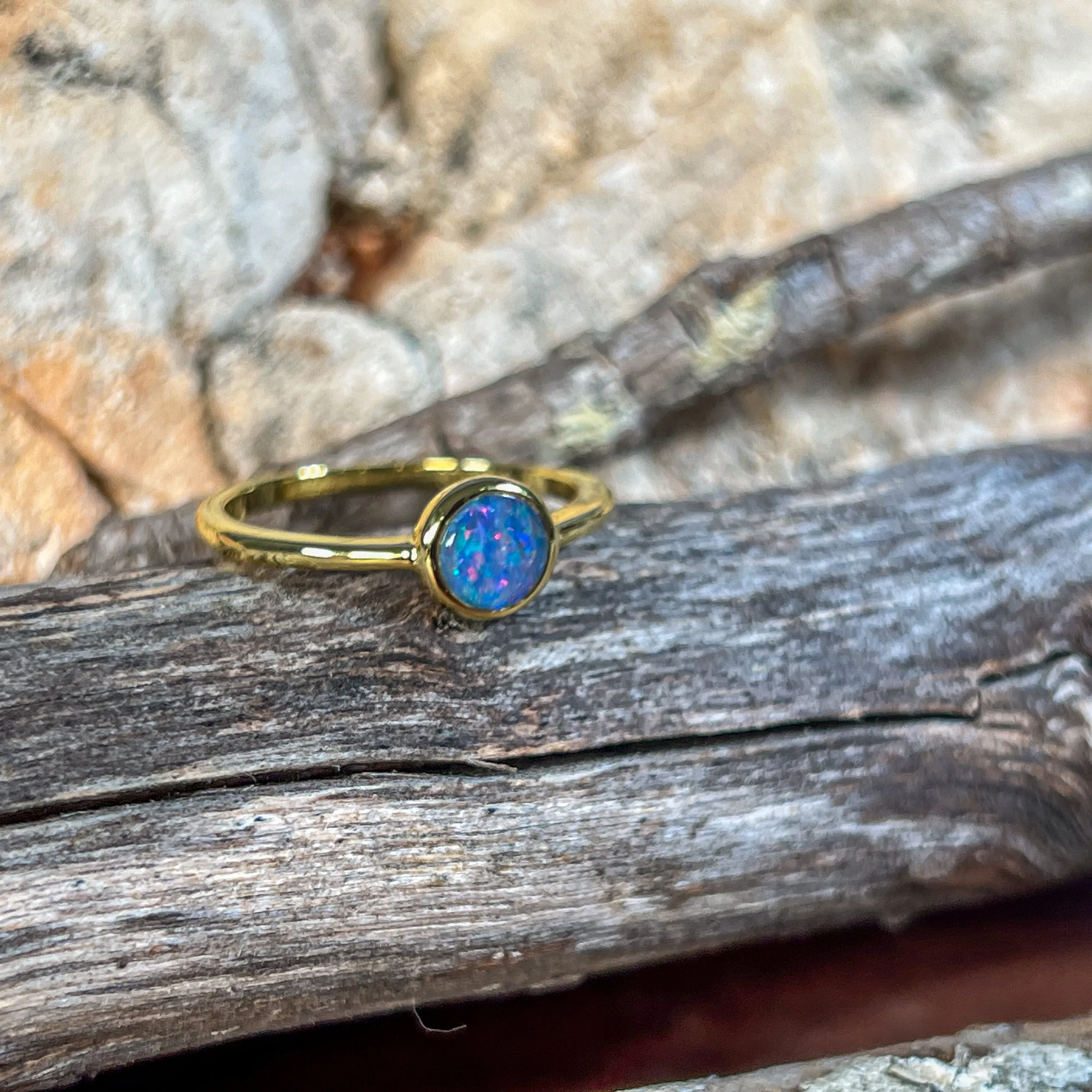 Gold Plated Silver 6mm Round Opal triplet ring bezel set