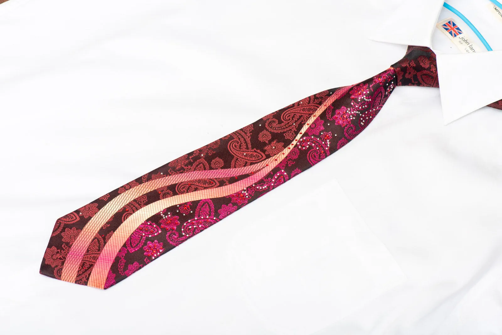 Paisley Floral Waves On Black Rhinestone Silk Necktie With Purple Sparkles