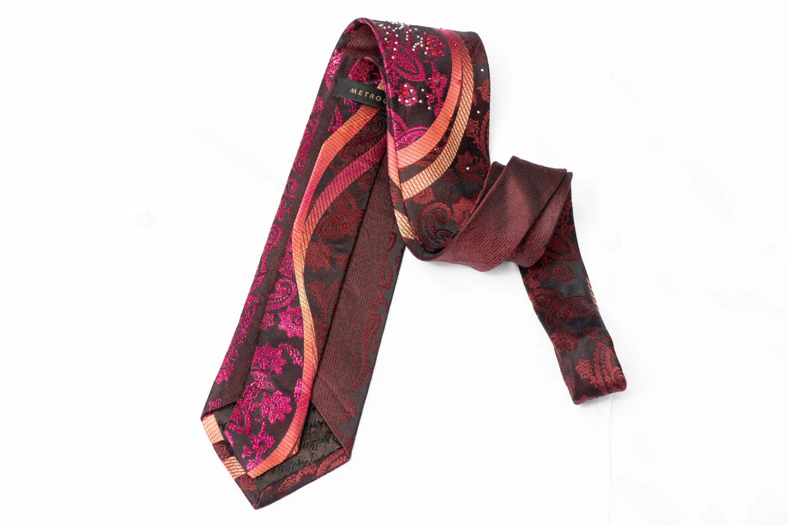 Paisley Floral Waves On Black Rhinestone Silk Necktie With Purple Sparkles