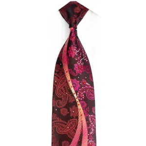 Paisley Floral Waves On Black Rhinestone Silk Necktie With Purple Sparkles
