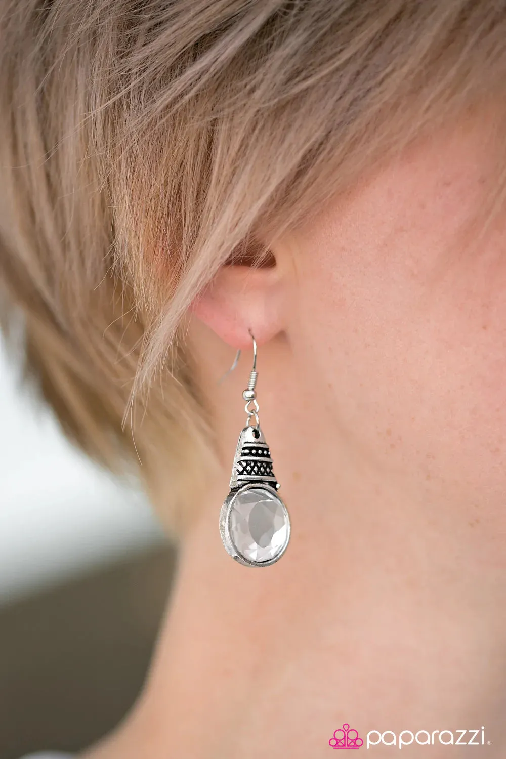 Paparazzi Earring ~ A Touch Of GLASS - White