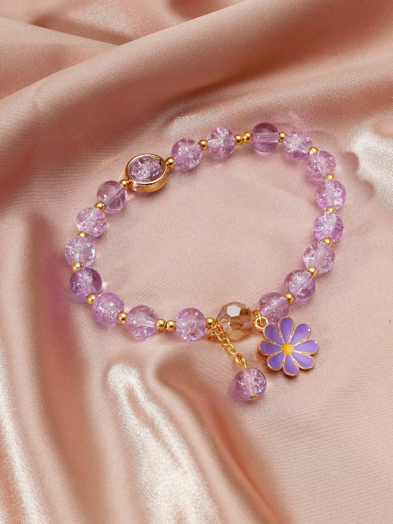 Purple Flower Charm Beaded Bracelet Boho Crafted Creative Beads Design Stretchy
