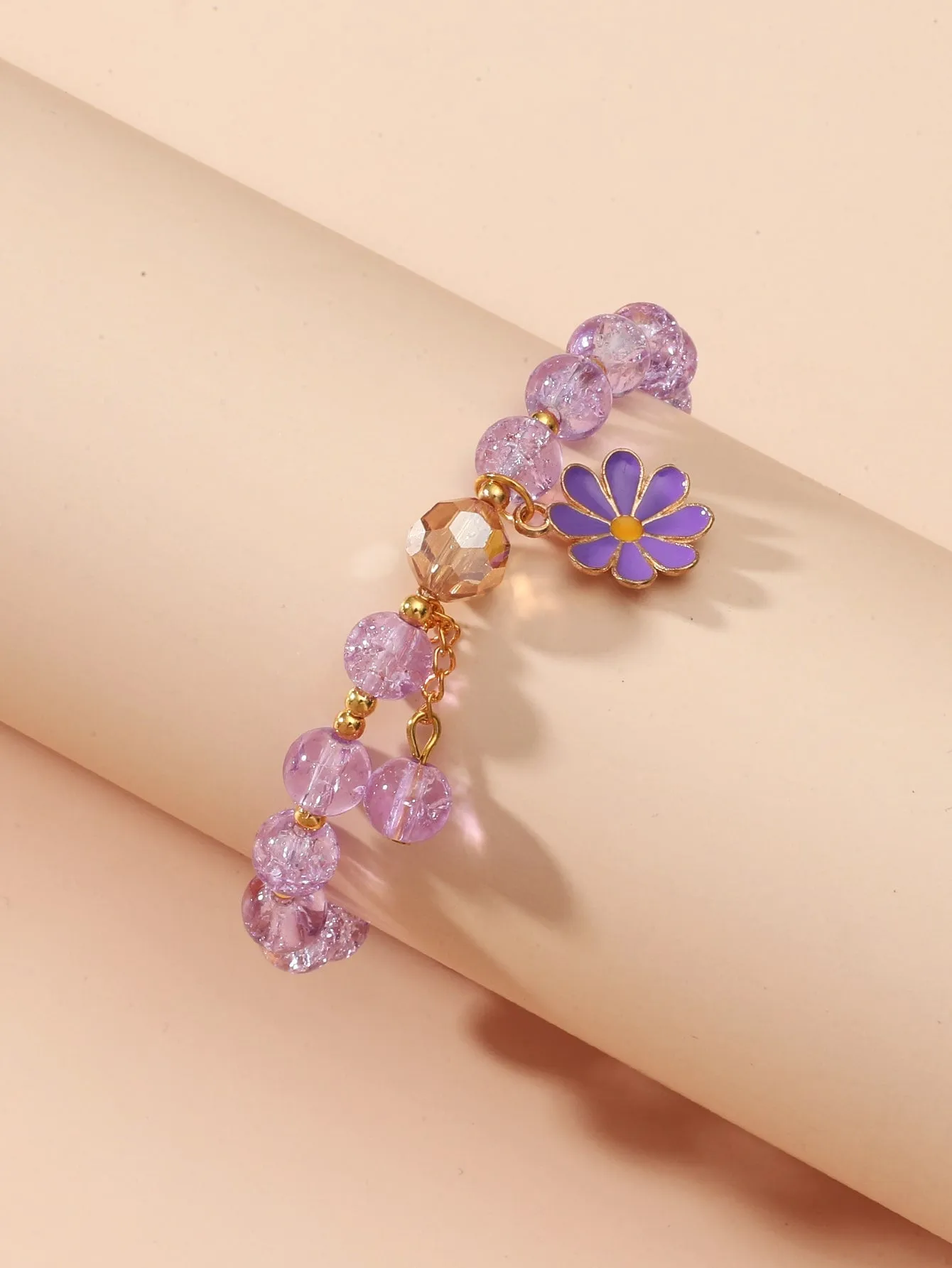 Purple Flower Charm Beaded Bracelet Boho Crafted Creative Beads Design Stretchy