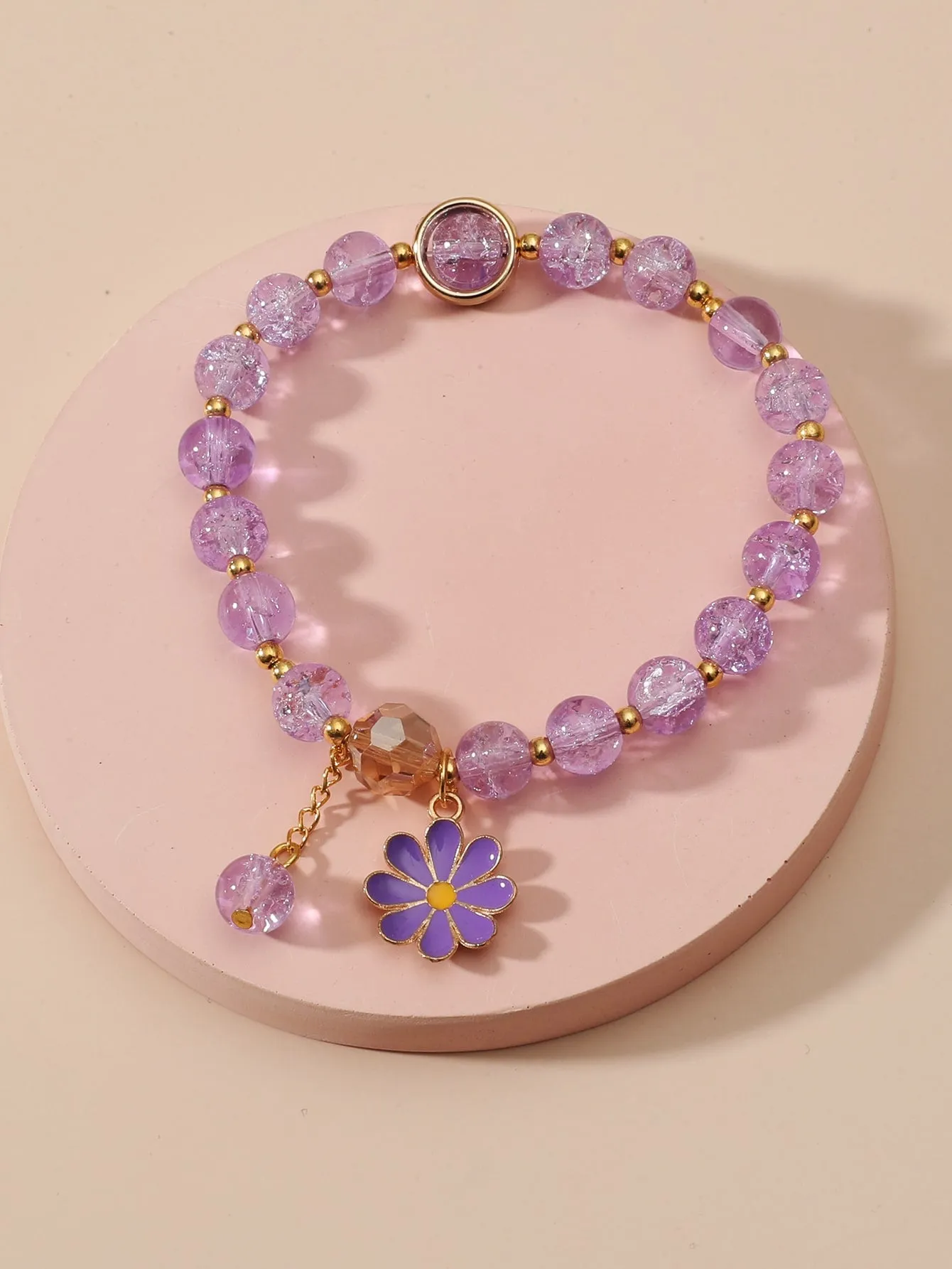 Purple Flower Charm Beaded Bracelet Boho Crafted Creative Beads Design Stretchy