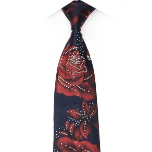 Red Roses On Navy Blue Rhinestone Silk Necktie