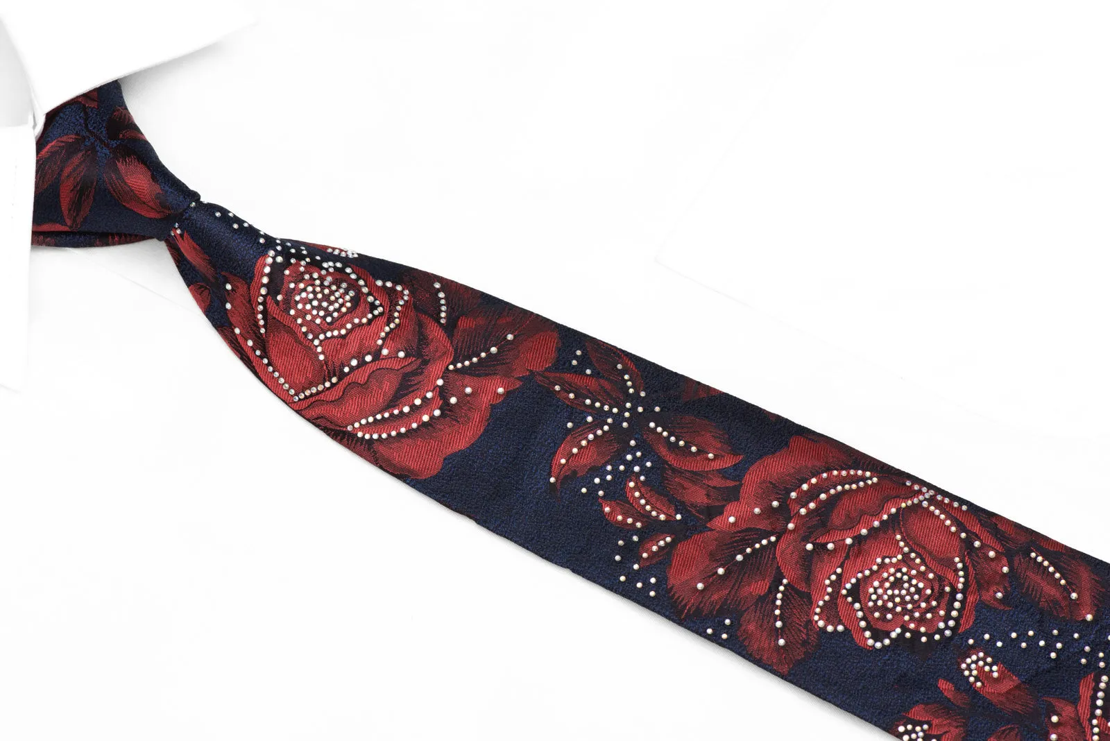 Red Roses On Navy Blue Rhinestone Silk Necktie