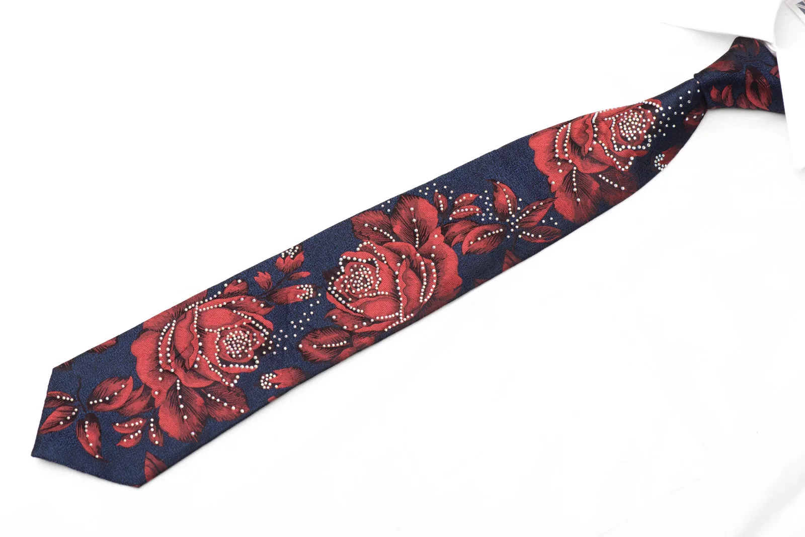 Red Roses On Navy Blue Rhinestone Silk Necktie